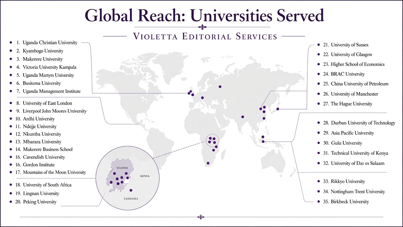 Map showing universities served by Violetta Editorial Services